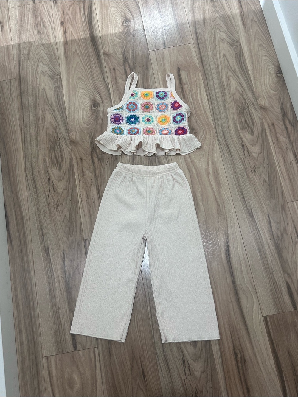 Crochet Floral Ruffle Crop Top & Cream Wide-Leg Pants Set